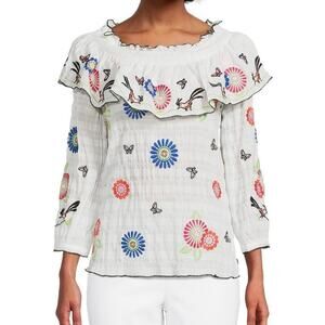John Mark White Floral Embroidered Blouse